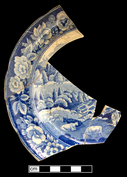 Pearlware small plate underglaze printed in medium blue.  Continuous repeating floral border.  6.25” rim diameter, 0.5” vessel height.